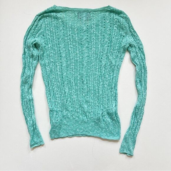 CYNTHIA ROWLEY Women Turquoise Loose Knit Linen Blend Crew Neck Sweater Size S - Picture 2 of 8